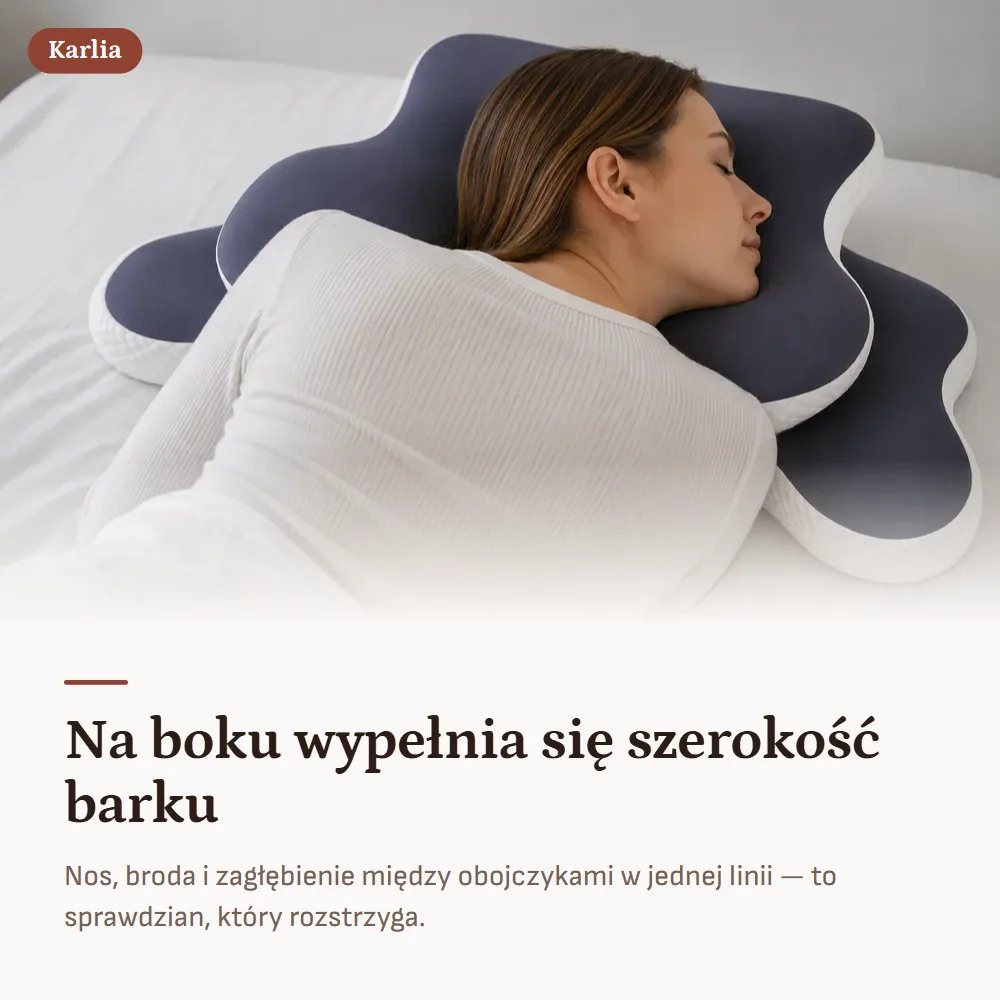 Karlia — Na boku wypełnia się szerokość barku. Nos, broda i zagłębienie między obojczykami w jednej linii — to sprawdzian, który rozstrzyga.