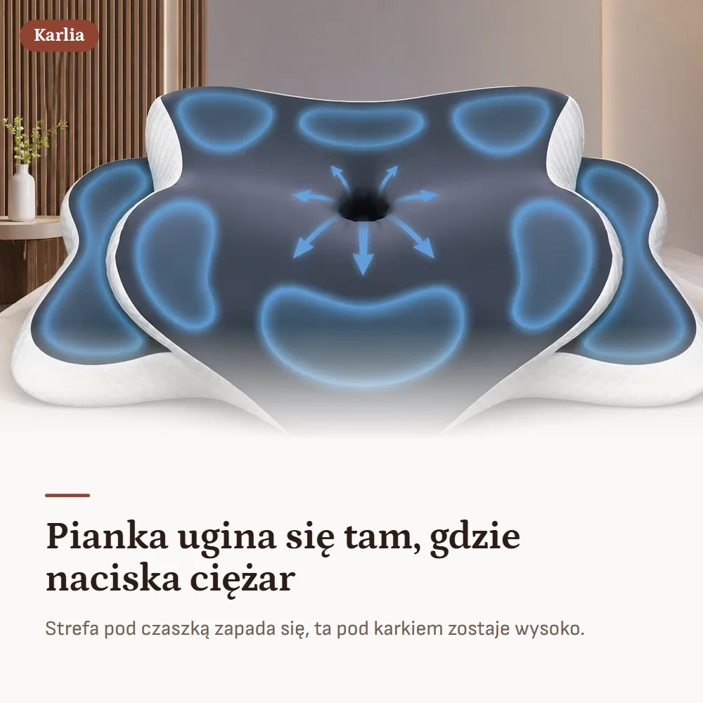 Karlia — Pianka ugina się tam, gdzie naciska ciężar. Strefa pod czaszką zapada się, ta pod karkiem zostaje wysoko.